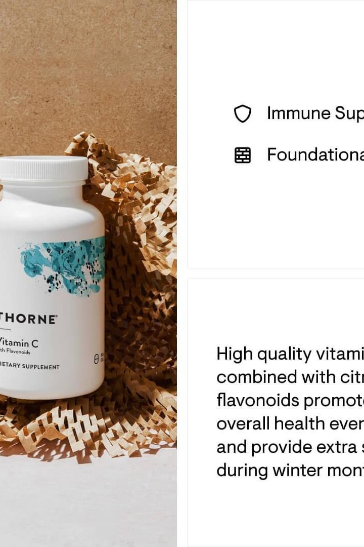 Thorne Vitamin C with Flavonoids supplement bottle on natural background Thorne Vitamin C with Flavonoids supplement bottle on natural background