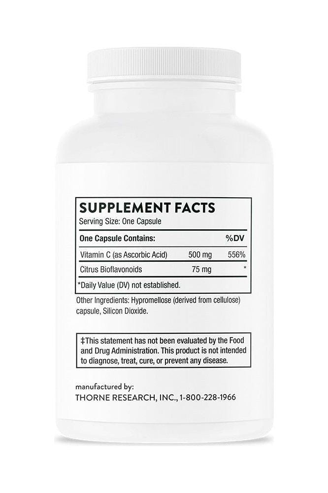 Thorne Vitamin C with Flavonoids supplement facts label showing ingredients and dosage information for immune support. Thorne Vitamin C with Flavonoids supplement facts label showing ingredients and dosage information for immune support.