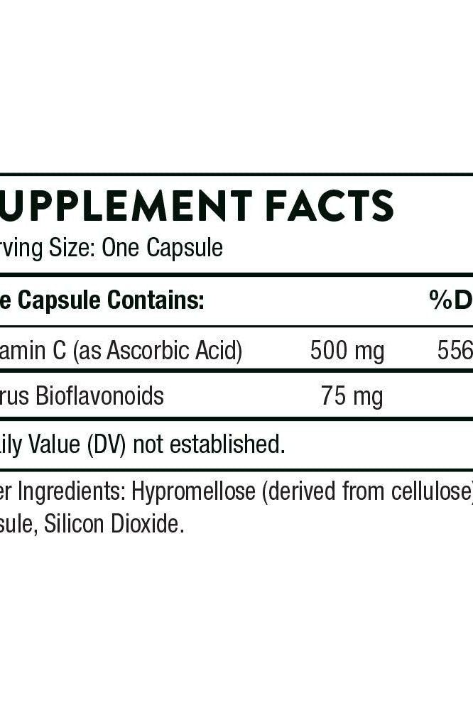 Supplement facts for Thorne Vitamin C with Flavonoids, highlighting vitamin C and bioflavonoid content. Supplement facts for Thorne Vitamin C with Flavonoids, highlighting vitamin C and bioflavonoid content.