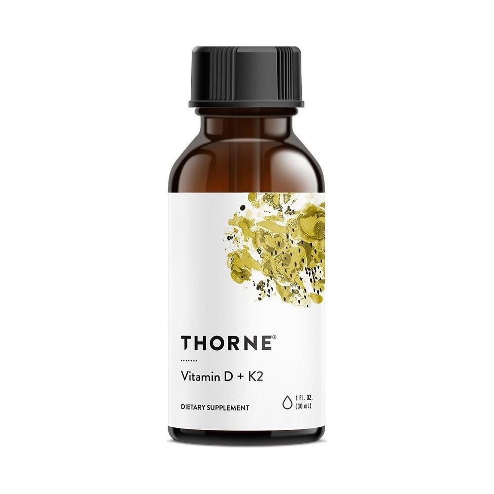 Thorne Vitamin D + K2 Liquid dietary supplement in a bottle, supports immune system and heart health.