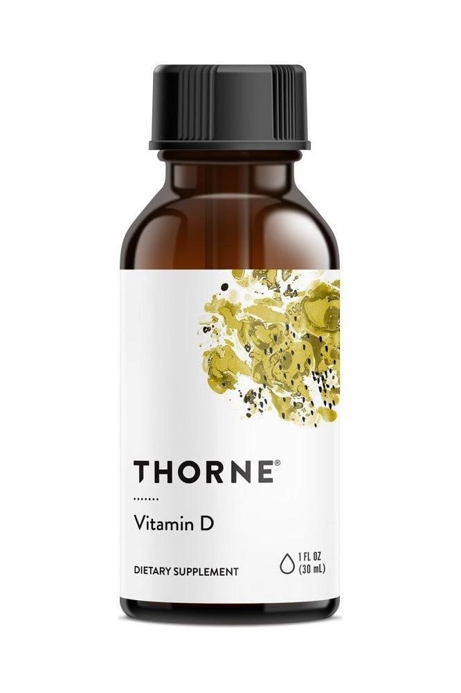 Thorne Vitamin D liquid supplement in a brown dropper bottle for bone and immune health support.