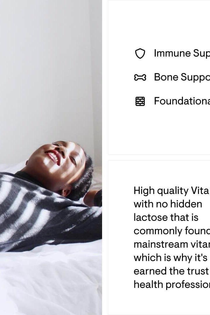 Person enjoying health benefits of Vitamin D Liquid with text about immune and bone support. Person enjoying health benefits of Vitamin D Liquid with text about immune and bone support.
