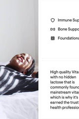Person enjoying health benefits of Vitamin D Liquid with text about immune and bone support.