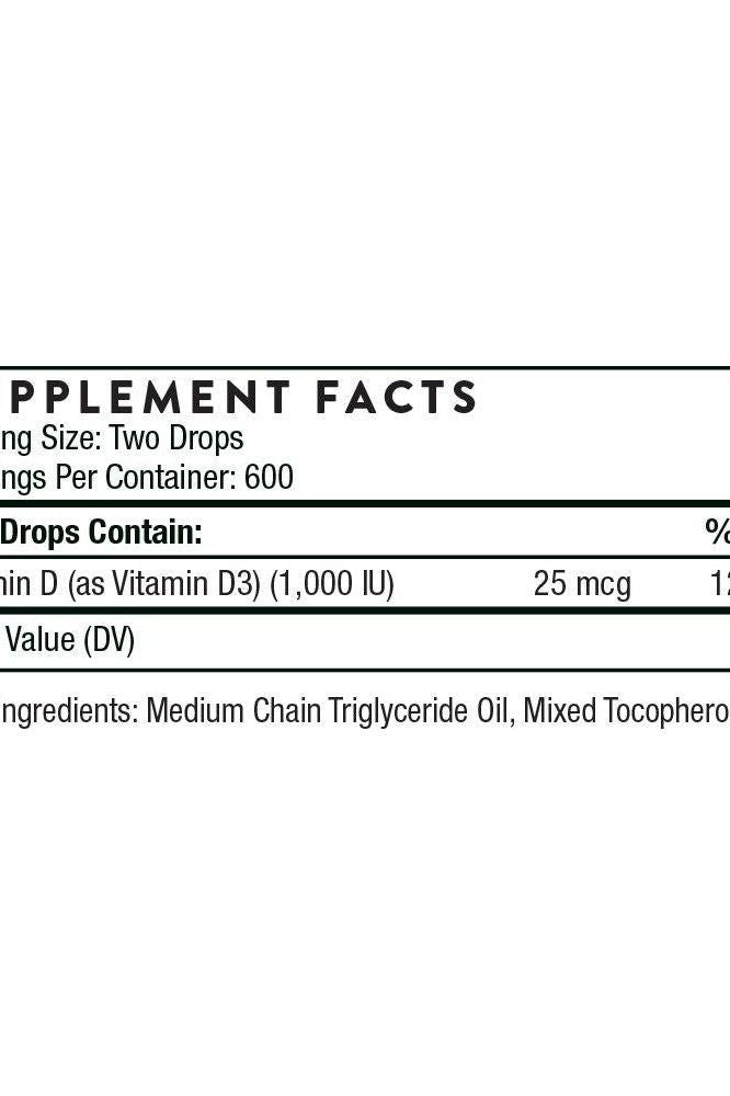 Supplement facts label for Thorne Vitamin D Liquid, detailing servings, dosage, and ingredients. Supplement facts label for Thorne Vitamin D Liquid, detailing servings, dosage, and ingredients.