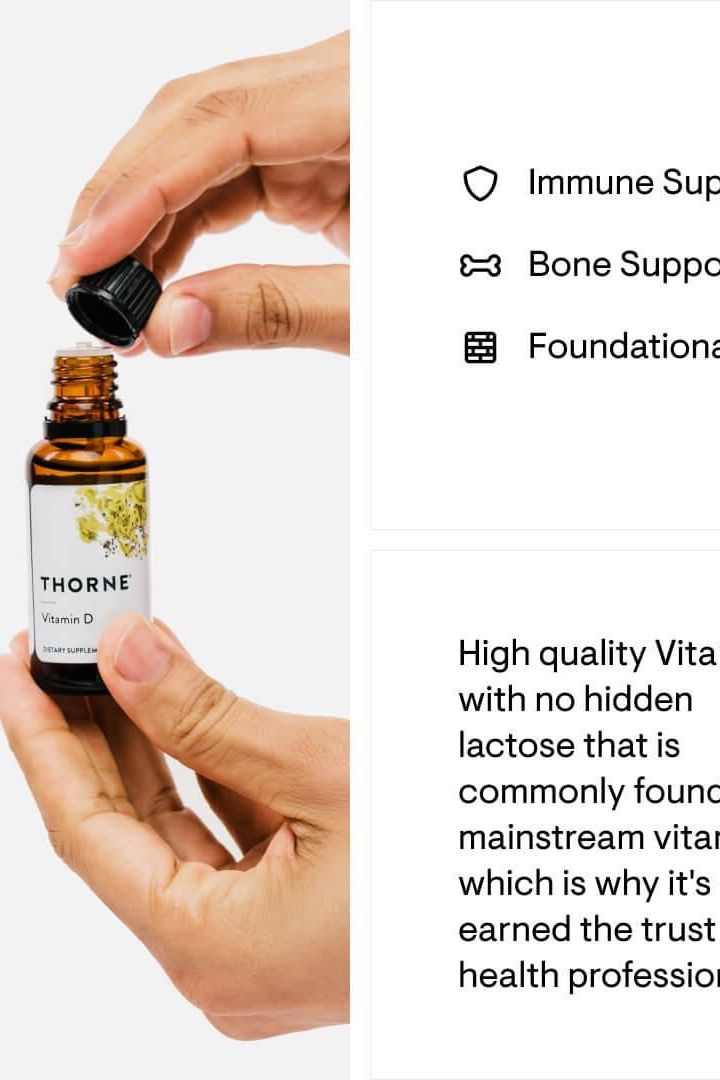 Thorne Vitamin D Liquid in a dropper bottle, promoting bone health and immune support. Thorne Vitamin D Liquid in a dropper bottle, promoting bone health and immune support.