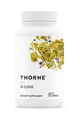 Thorne D-5000 Vitamin D dietary supplement bottle with 60 capsules, promoting immune health and bone strength.