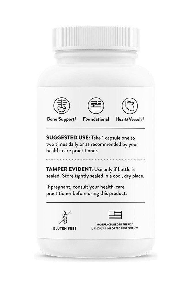 Thorne Vitamin K supplement bottle with usage instructions for bone and heart support. Thorne Vitamin K supplement bottle with usage instructions for bone and heart support.