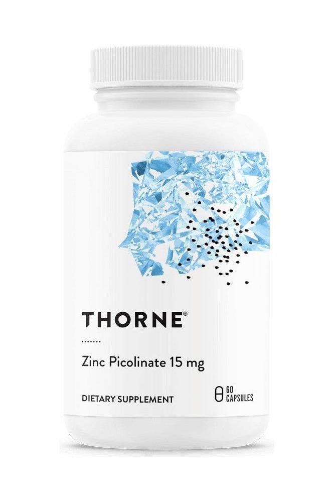 Thorne Zinc Picolinate 15 mg dietary supplement bottle, supports immunity and skin health, 60 capsules. Thorne Zinc Picolinate 15 mg dietary supplement bottle, supports immunity and skin health, 60 capsules.