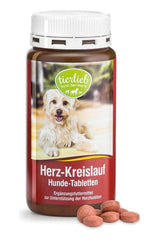 Tierlieb cardiovascular tablets for dogs in a brown bottle with dog image, supporting canine heart health.