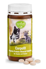 Tierlieb Corpofit vitality supplement for dogs and cats in a brown bottle with tablets, promoting overall health.