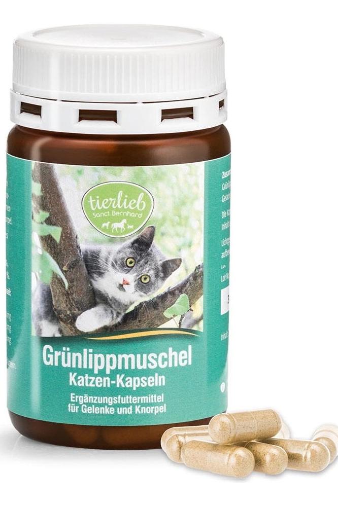 Tierlieb Green-Lipped Mussel Cat Capsules bottle with capsules, supports joint health for cats.
