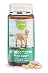 Tierlieb Green-Lipped Mussel Dog Capsules for joint health in dogs, featuring a golden retriever on the label.