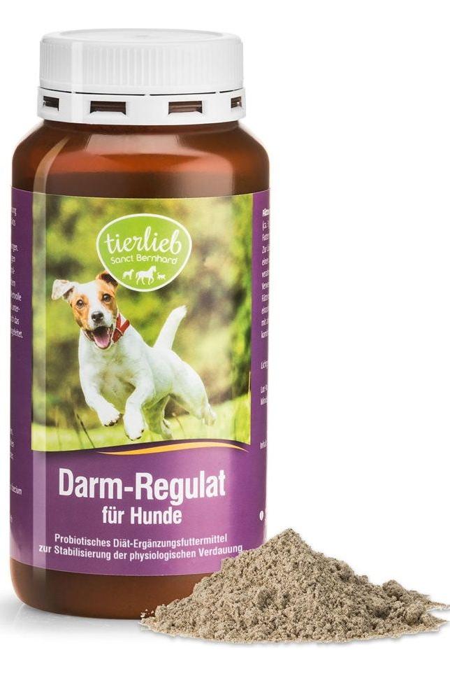 Tierlieb Intestinal Regulator for Dogs in container with powder, promotes digestion and gut health.