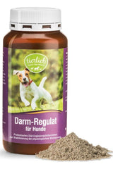 Tierlieb Intestinal Regulator for Dogs in container with powder, promotes digestion and gut health.