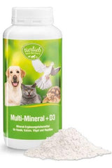 Tierlieb Multi Mineral + D3 supplement for dogs, cats, birds, and reptiles in a bottle with powder.
