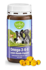 Tierlieb Omega-3-6-9 linseed oil dog capsules bottle with yellow capsules, promoting pet health and wellness.