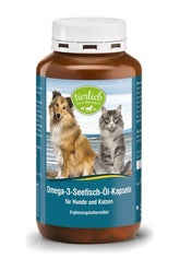 Tierlieb Omega 3 oil for dogs and cats, promoting heart health and healthy skin, in a brown bottle.