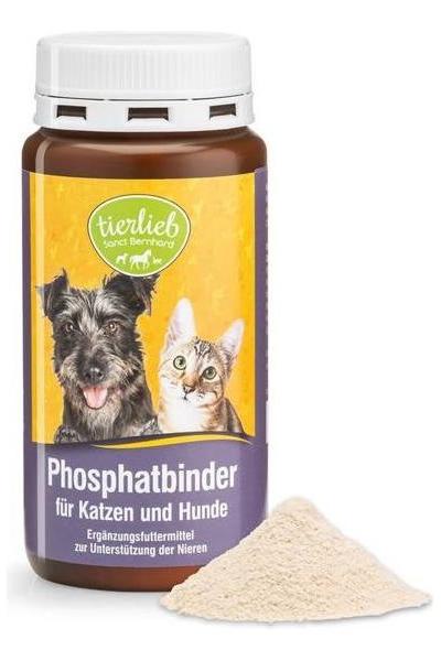 Tierlieb phosphate binder for dogs and cats in a brown bottle with powder, supports kidney health.