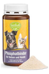 Tierlieb phosphate binder for dogs and cats in a brown bottle with powder, supports kidney health.