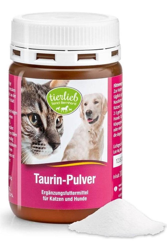 Taurine powder for dogs and cats in a container, supporting heart health and immune system.