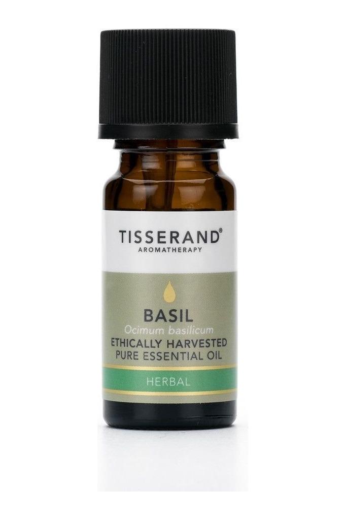 Tisserand Aromatherapy Basil Essential Oil (30 ml) in amber glass bottle, ethically harvested for natural benefits.