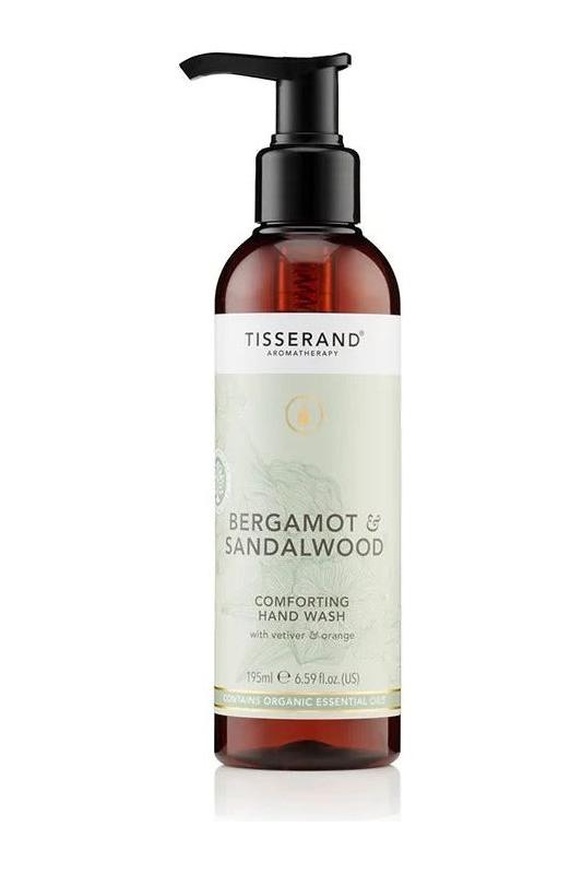 Tisserand Aromatherapy Bergamot & Sandalwood hand wash 195 ml in a pump bottle for gentle cleansing and hydration.