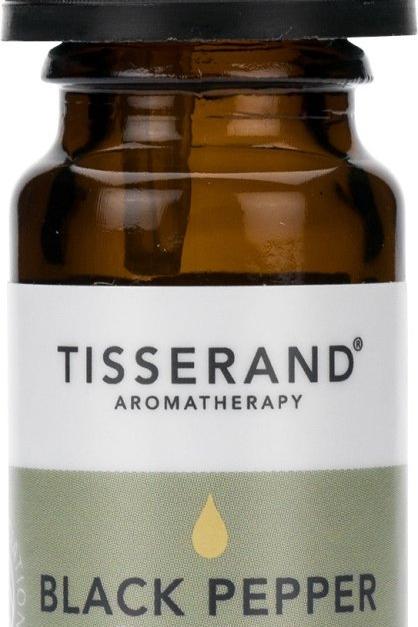 Tisserand Aromatherapy Black Pepper essential oil bottle, 30 ml, for muscle relief and relaxation.