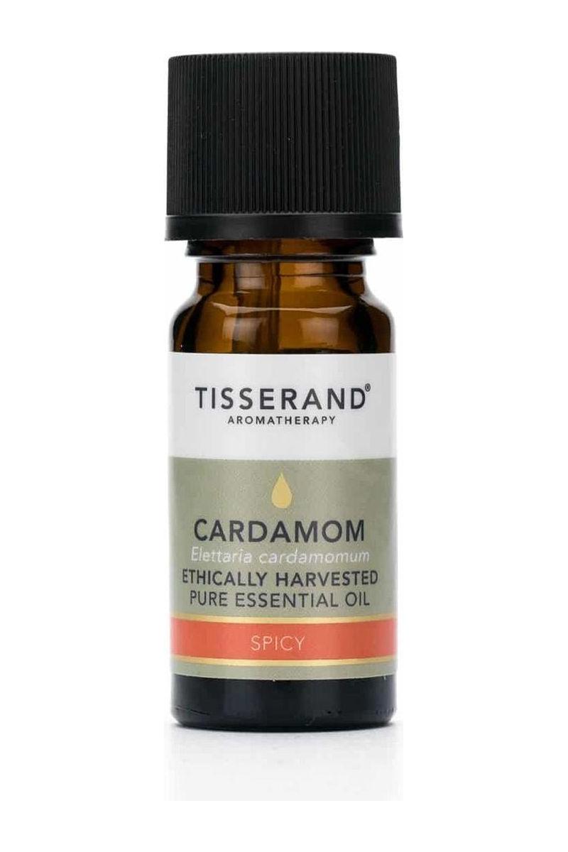 Tisserand Aromatherapy Cardamom essential oil bottle, ethically harvested, 30 ml, known for digestive and relaxation benefits.