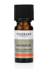 Tisserand Aromatherapy Cardamom essential oil bottle, ethically harvested, 30 ml, known for digestive and relaxation benefits.