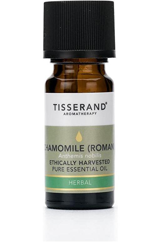 Tisserand Aromatherapy Chamomile Roman essential oil, ethically harvested, calming and soothing benefits in 9ml bottle.