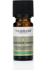 Tisserand Aromatherapy Chamomile Roman essential oil, ethically harvested, calming and soothing benefits in 9ml bottle.