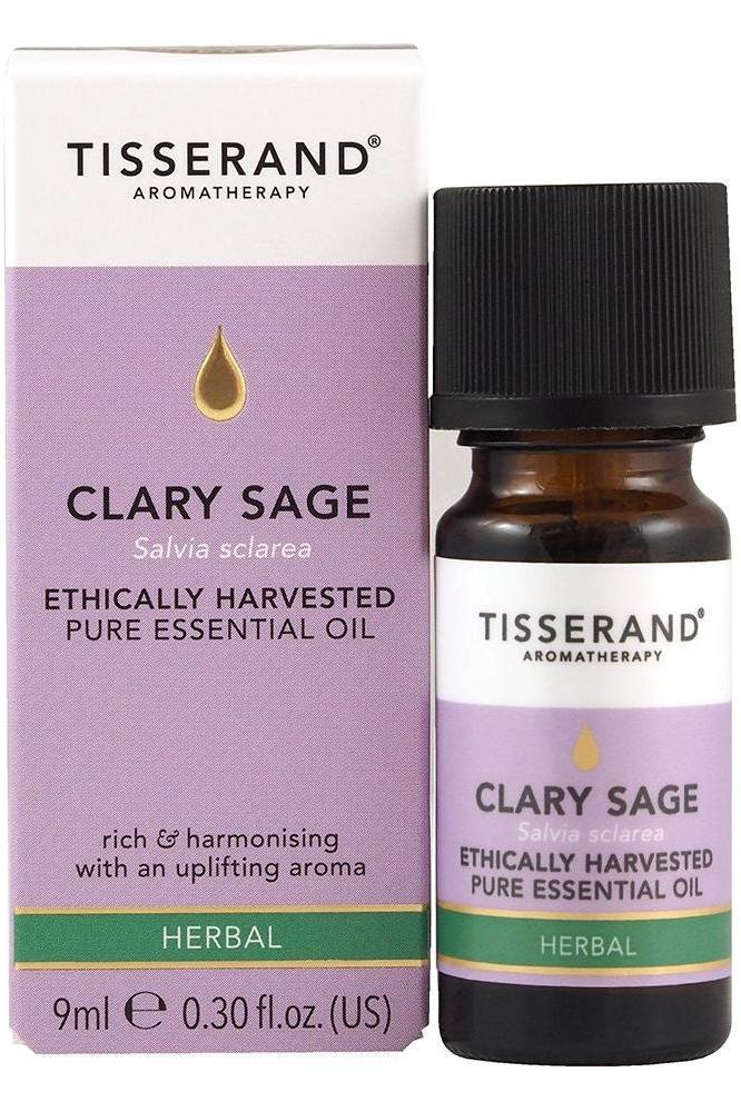 Tisserand Clary Sage Essential Oil, ethically harvested, 9ml, known for hormonal balance and soothing properties.