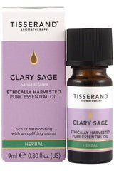 Tisserand Clary Sage Essential Oil, ethically harvested, 9ml, known for hormonal balance and soothing properties.