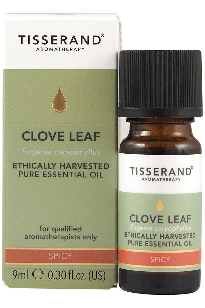 Tisserand Clove Leaf essential oil 9ml bottle with packaging, ethically harvested for aromatherapy use.