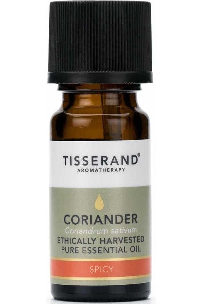 Tisserand Aromatherapy Coriander essential oil bottle, 9 ml, ethically harvested, known for digestive and calming benefits.