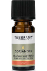 Tisserand Aromatherapy Coriander essential oil bottle, 9 ml, ethically harvested, known for digestive and calming benefits.