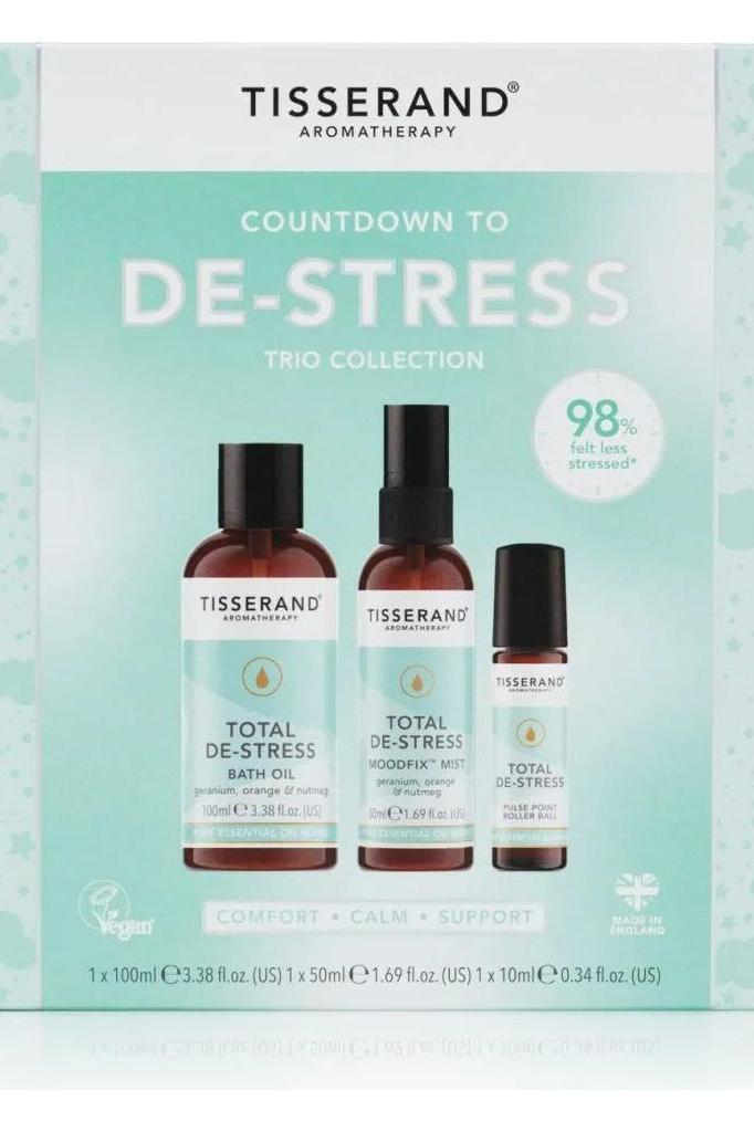 Tisserand Aromatherapy Countdown To De-Stress Trio Collection featuring natural essential oils for stress relief.