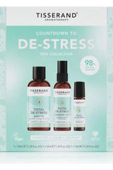 Tisserand Aromatherapy Countdown To De-Stress Trio Collection featuring natural essential oils for stress relief.