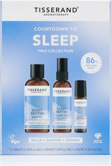 Tisserand Countdown To Sleep Trio Collection featuring bath oil, pillow mist, and rollerball for improved relaxation and sleep.