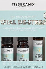 Tisserand Aromatherapy De-Stress Discovery Kit with essential oil, mist, and roller ball for relaxation.