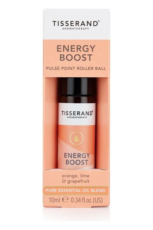 Tisserand Aromatherapy Energy Boost Pulse Point Roller Ball 10ml with orange, lime, and grapefruit essential oils.