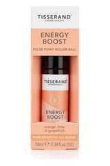 Tisserand Aromatherapy Energy Boost Pulse Point Roller Ball 10ml with orange, lime, and grapefruit essential oils.