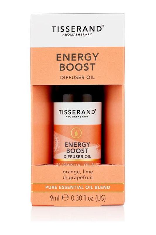 Tisserand Energy Boost Diffuser Oil 9ml, natural essential oils for revitalizing ambiance and uplifting mood.