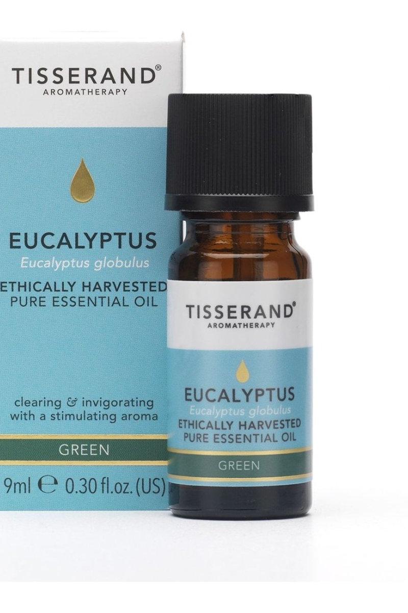 Tisserand Aromatherapy Eucalyptus Globulus essential oil bottle with box, ethically harvested for wellness benefits.