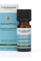 Tisserand Aromatherapy Eucalyptus Globulus essential oil bottle with box, ethically harvested for wellness benefits.
