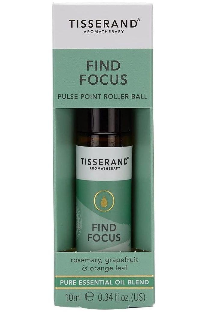Tisserand Aromatherapy Find Focus Pulse Point Roller Ball with rosemary, grapefruit, and orange leaf for natural energy boost.
