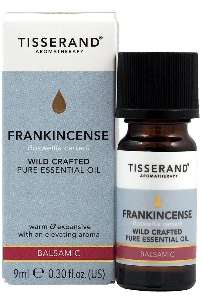 Tisserand Aromatherapy Frankincense essential oil 9ml bottle with packaging, known for its calming and meditative effects.