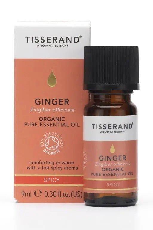 Tisserand Aromatherapy Ginger Essential Oil (9 ml) packaging with a spicy aroma label and organic certification.