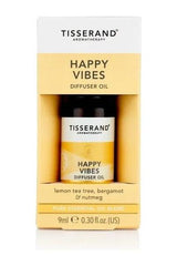 Tisserand Happy Vibes Diffuser Oil 9ml with lemon tea tree, bergamot, and nutmeg essential oils.