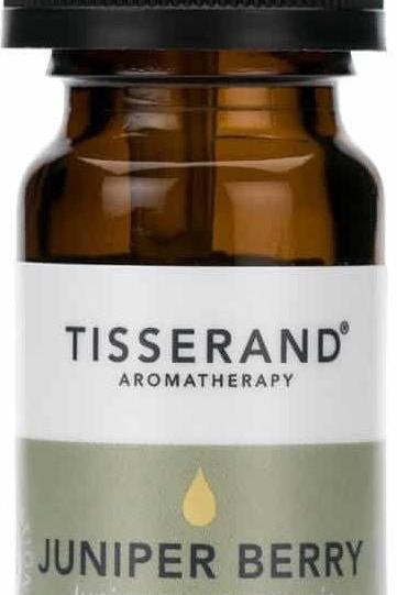 Tisserand Aromatherapy Juniper Berry essential oil bottle, 9 ml, known for relieving muscle pain and enhancing concentration.